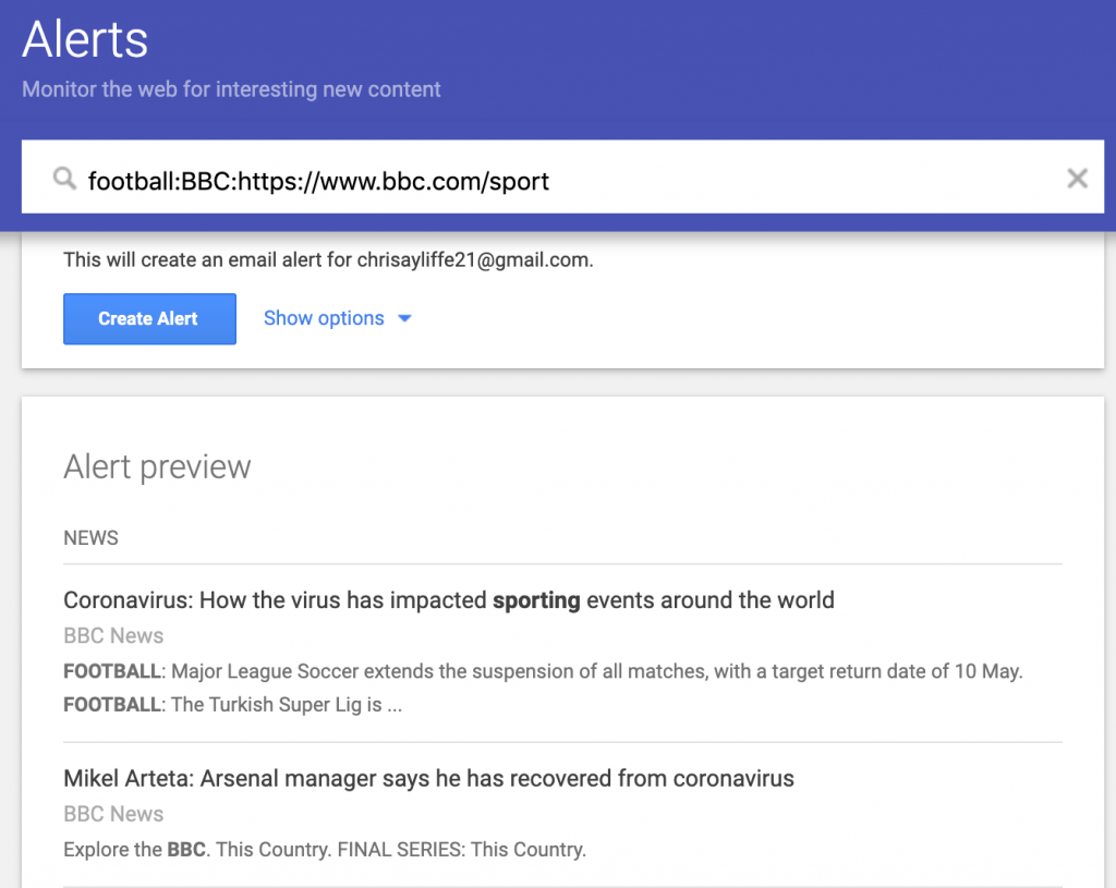 Example of Google Alerts for keyword and competitor monitoring