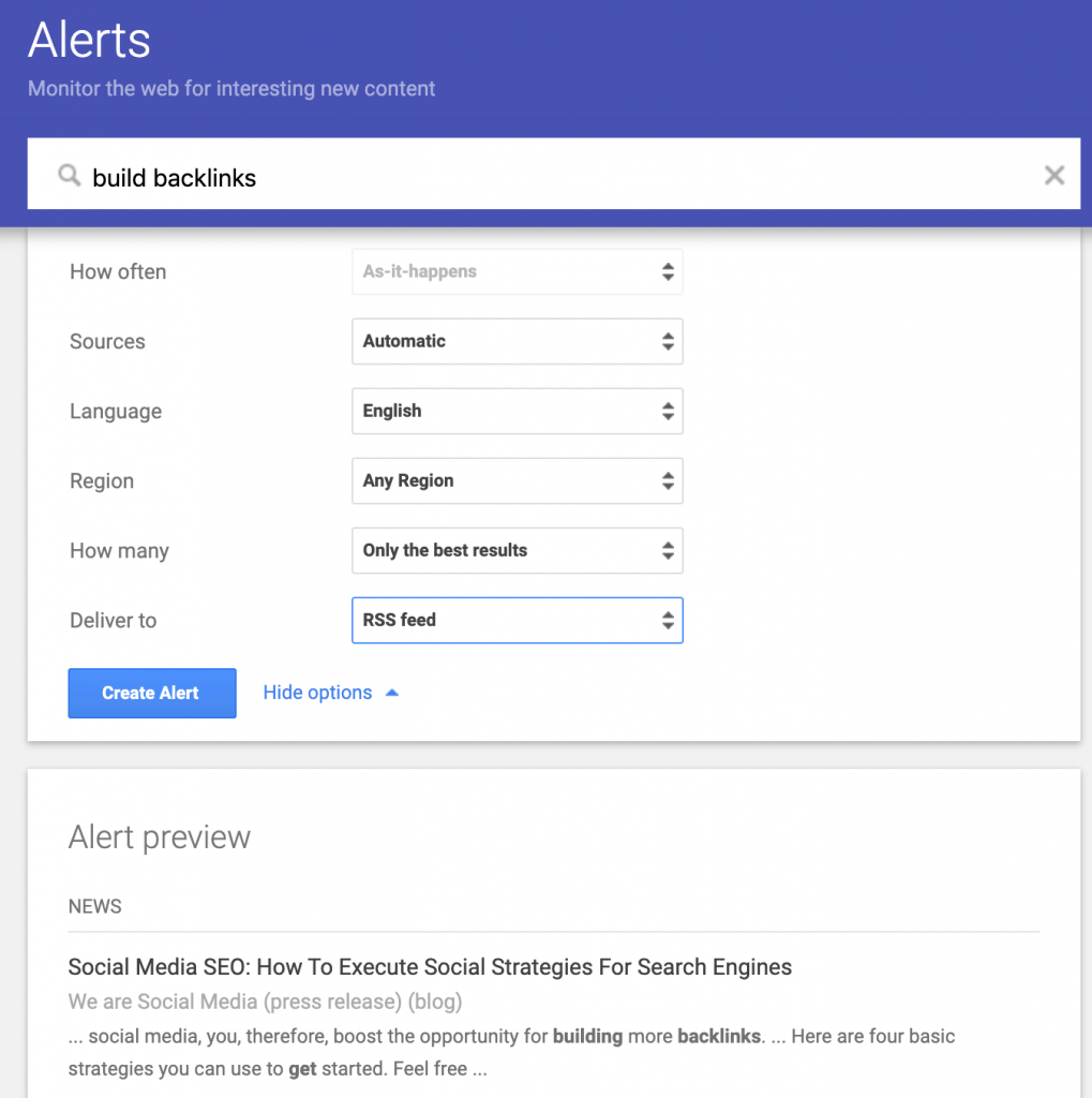Google Alert example of monitoring a keyword